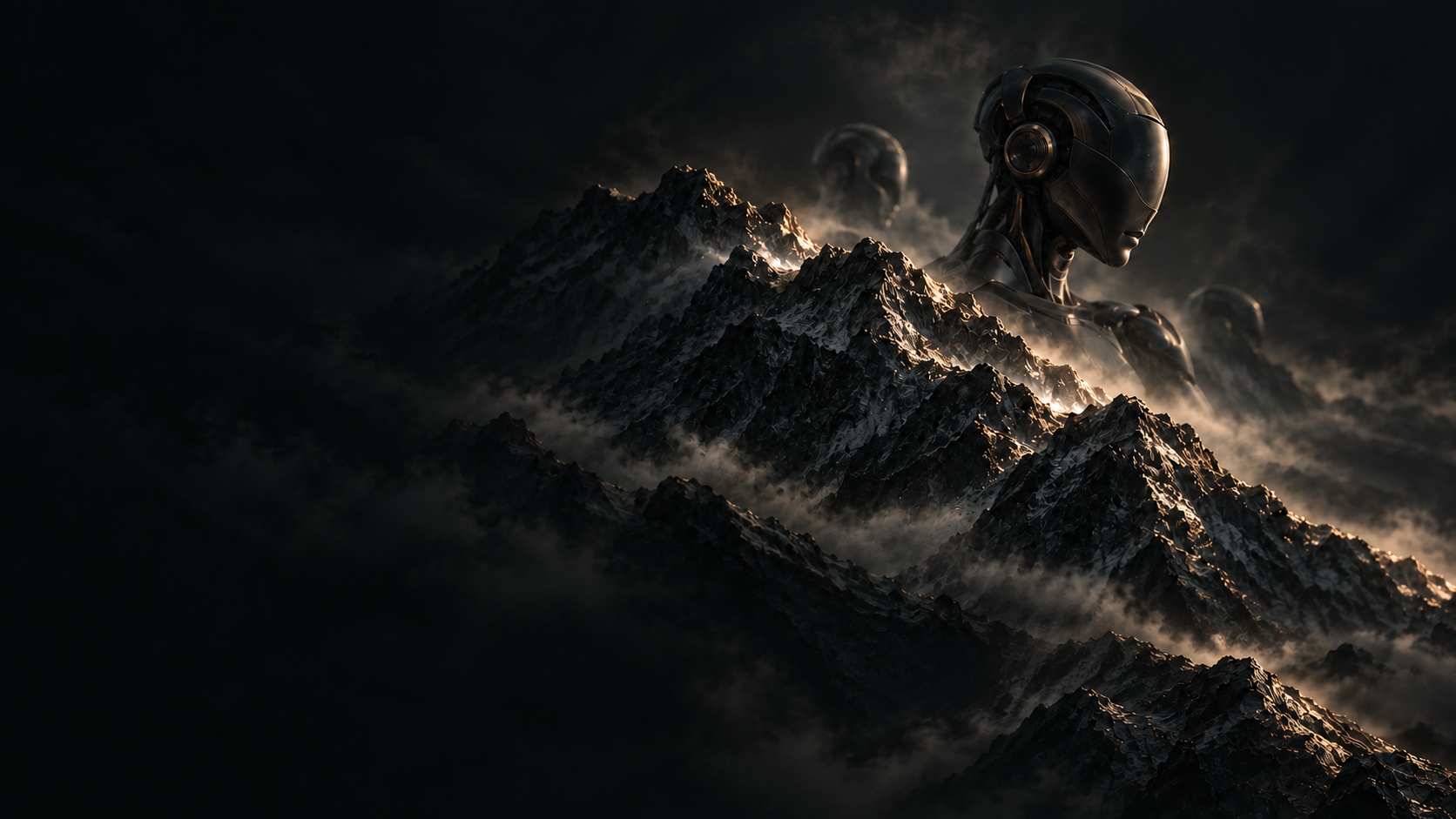 Dark mountain ridges and Eve, a black titanium android, in warm rim light